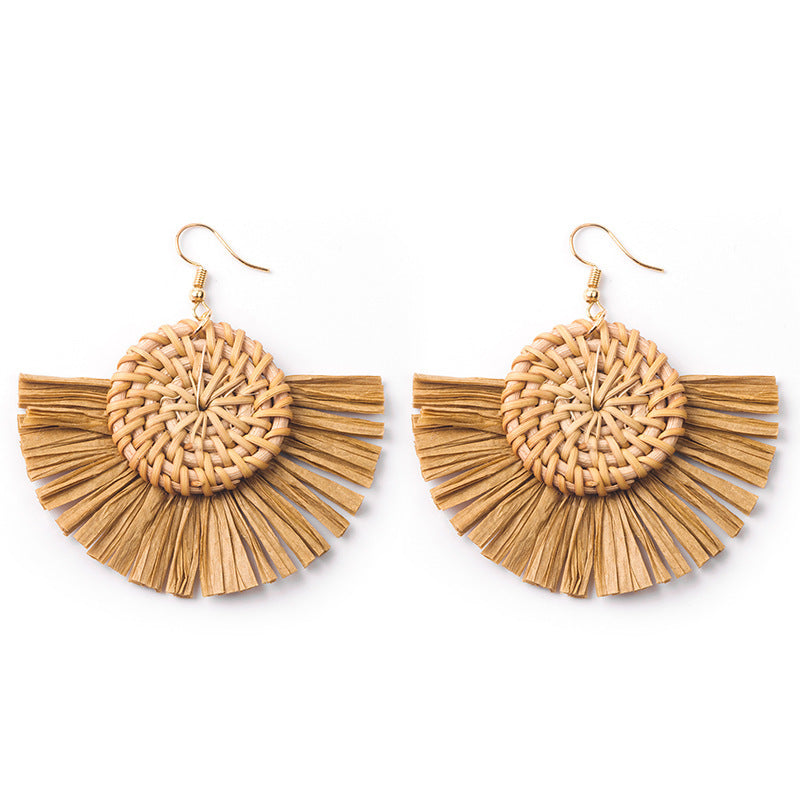 Wholesale Hand-woven Geometric Rattan Raffia Fan Earrings
